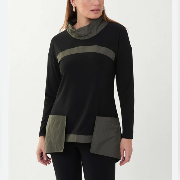 Joseph Ribkoff Black and Avocado Mixed Material Tunic Top sz 16 - Picture 1 of 5